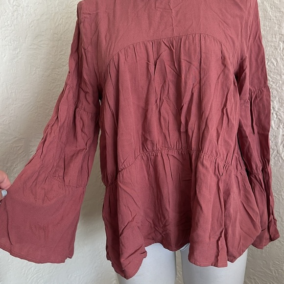 Zara Rose Pink Smocked High Neck Tiered Bell Sleeve Top Blouse Small - Picture 4 of 8